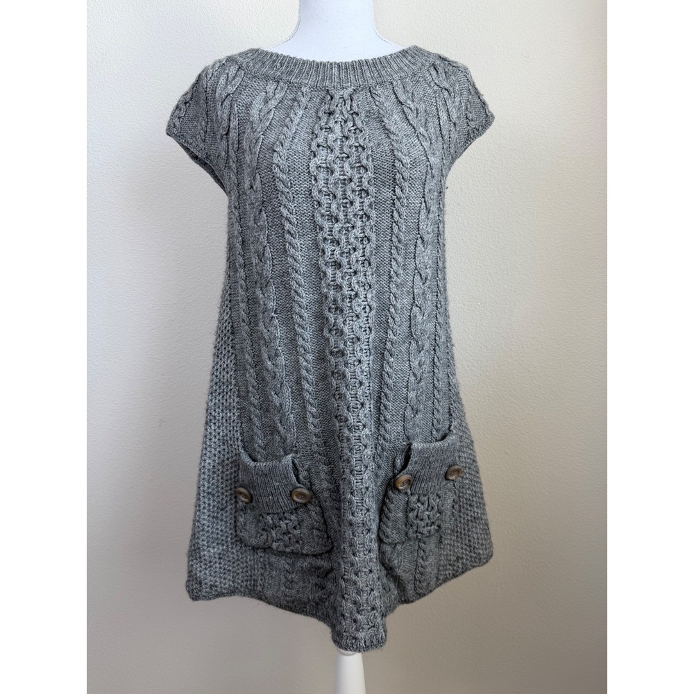 Free People Women Wool Blend Sweater Dress M Grey Cable Knit Cap Sleeve Tunic